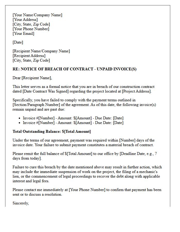 Breach of Construction Contract Payment Terms Letter