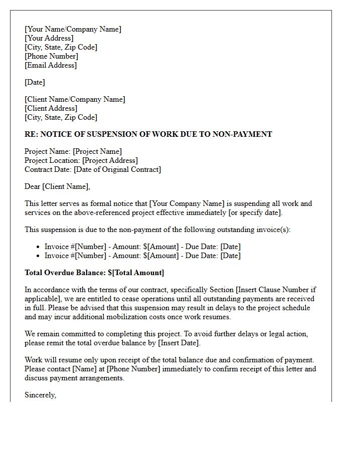 Construction Project Suspension for Non-Payment Letter
