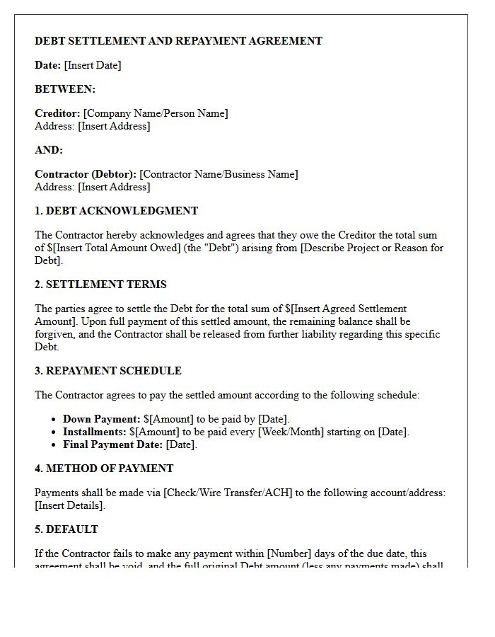 Contractor Debt Settlement and Repayment Agreement Letter