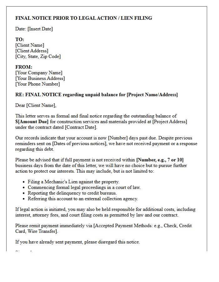 Final Debt Collection Notice for Construction Contractor Letter