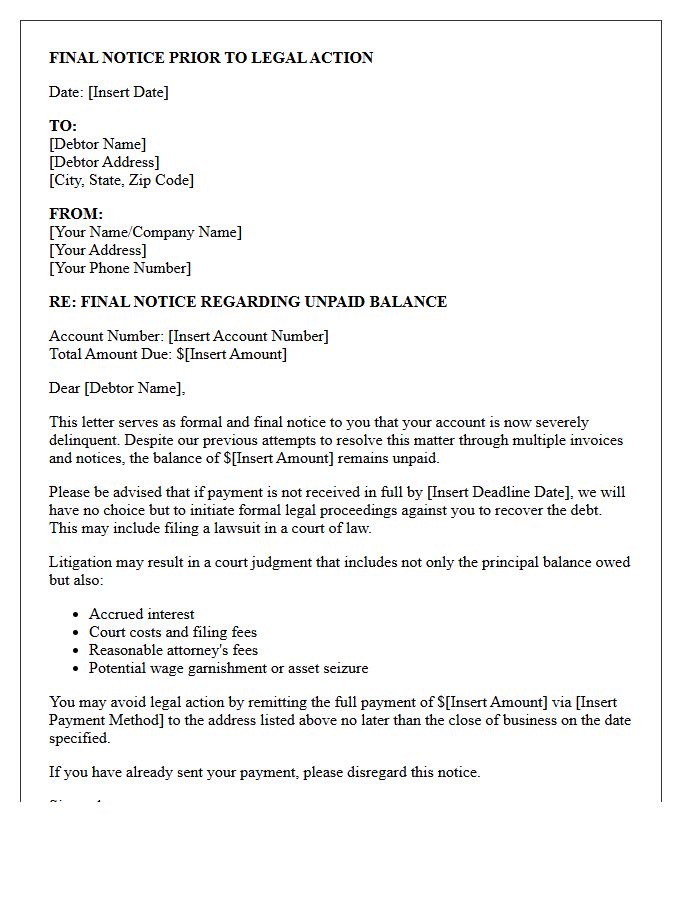 Final Notice of Pending Litigation for Unpaid Balance Letter