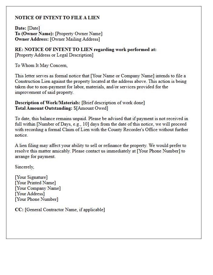 Notice of Intent to File Construction Lien Letter