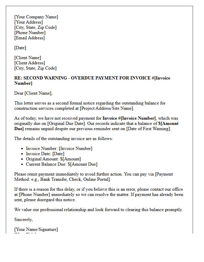 Second Warning for Unpaid Construction Invoice Letter