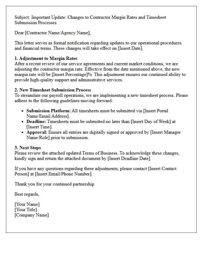 Letter Adjusting Contractor Margin Rates and Timesheet Processes