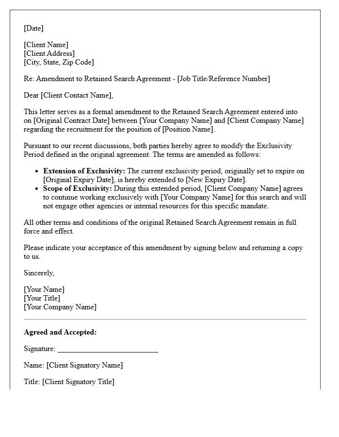 Letter Amending Exclusivity Period Agreements for Retained Searches