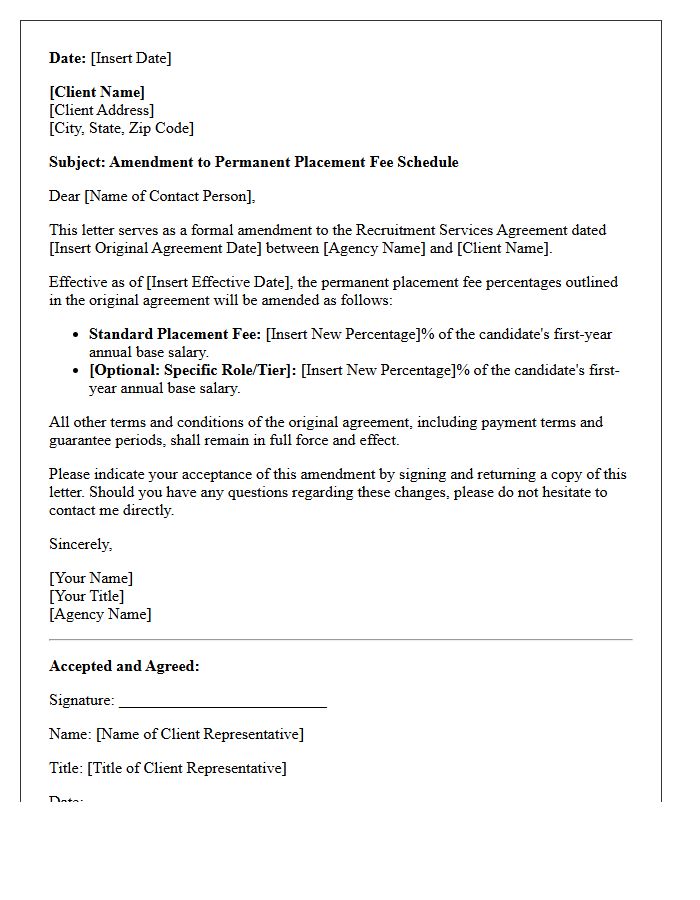 Letter Amending Permanent Placement Fee Percentages