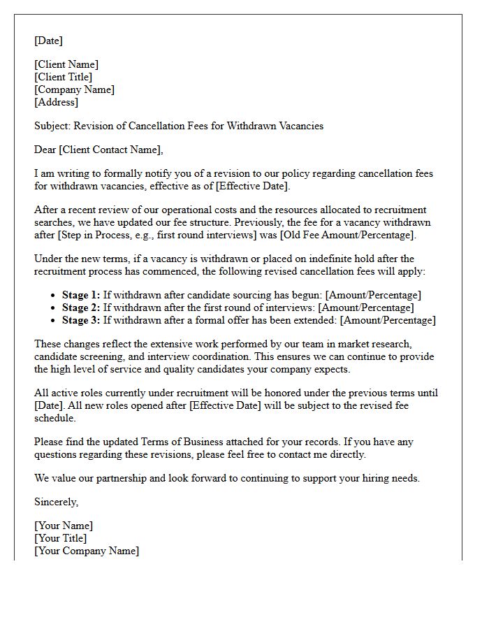 Letter Revising Cancellation Fees for Withdrawn Vacancies