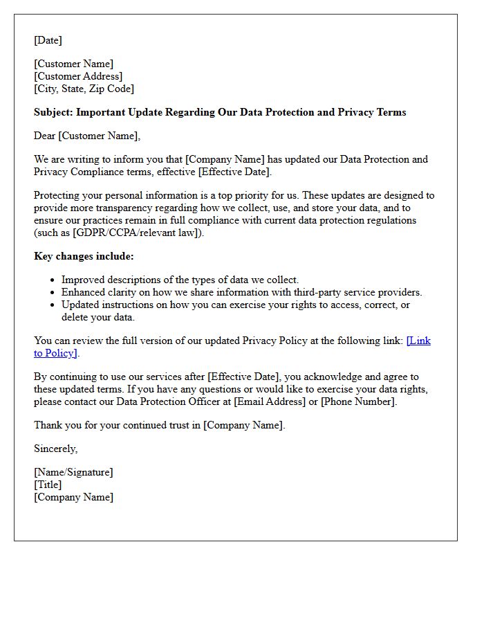 Letter Updating Data Protection and Privacy Compliance Terms