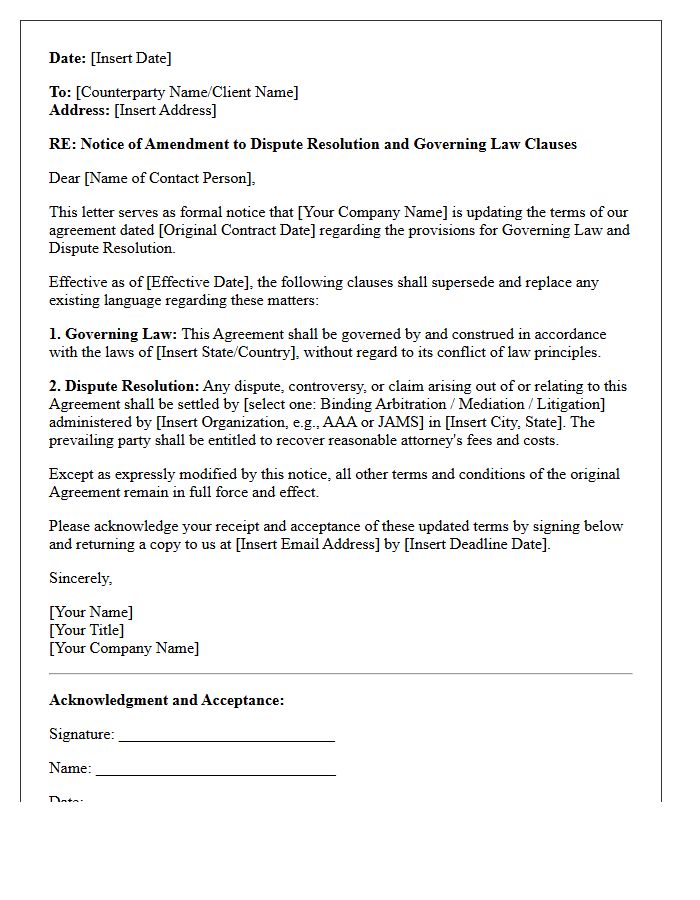 Letter Updating Dispute Resolution and Governing Law Clauses