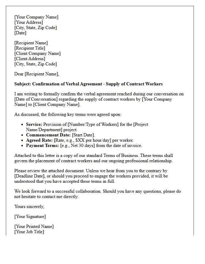 Letter Confirming Verbal Agreement to Contract Worker Supply Terms of Business