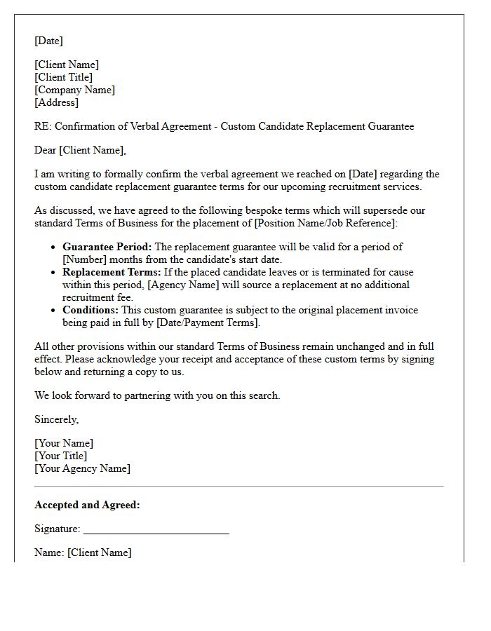 Letter Confirming Verbal Agreement to Custom Candidate Replacement Guarantee Terms of Business