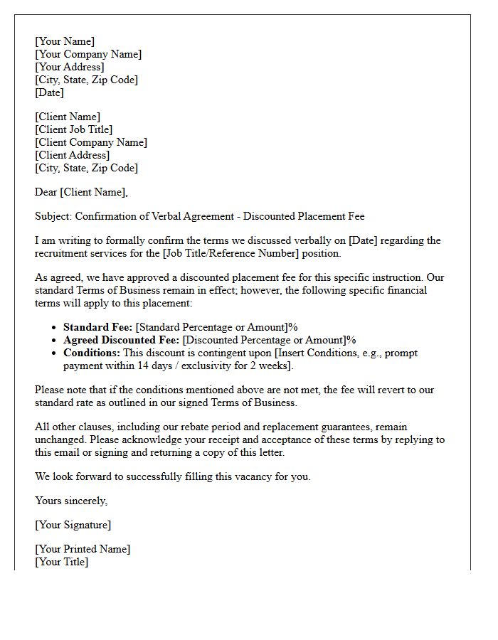 Letter Confirming Verbal Agreement to Discounted Placement Fee Terms of Business