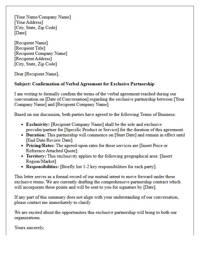 Letter Confirming Verbal Agreement to Exclusive Partnership Terms of Business