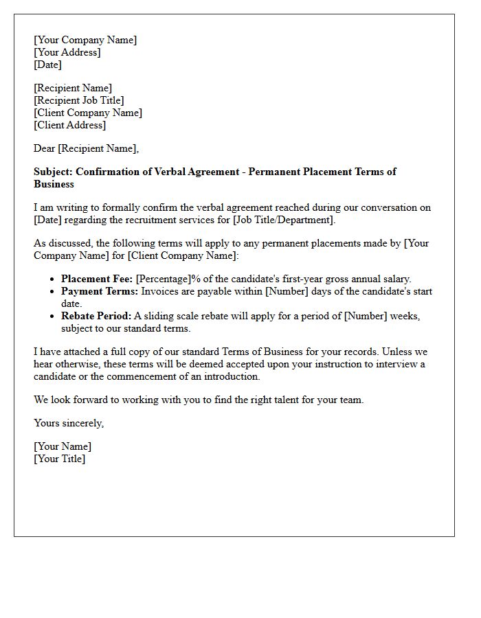 Letter Confirming Verbal Agreement to Permanent Placement Terms of Business