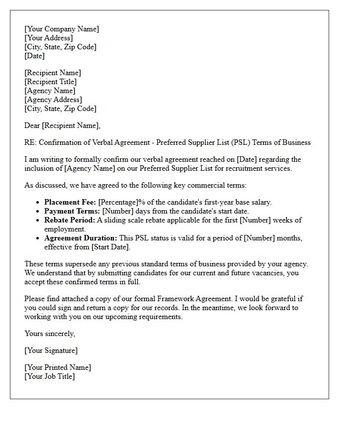 Letter Confirming Verbal Agreement to Preferred Supplier Recruitment Terms of Business