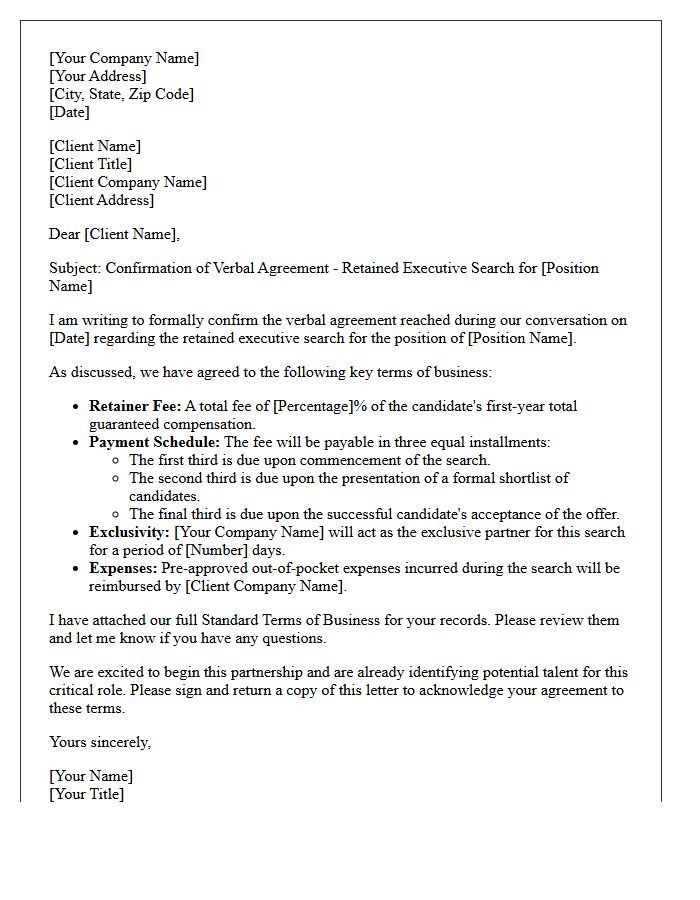 Letter Confirming Verbal Agreement to Retained Executive Search Terms of Business