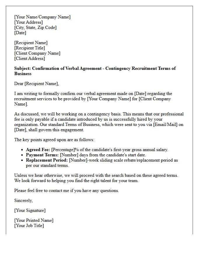 Letter Confirming Verbal Agreement to Standard Contingency Recruitment Terms of Business