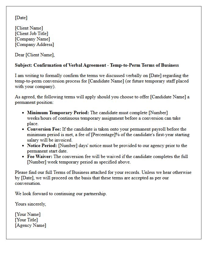 Letter Confirming Verbal Agreement to Temp-to-Perm Conversion Terms of Business