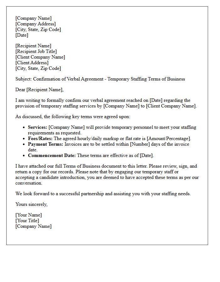 Letter Confirming Verbal Agreement to Temporary Staffing Provision Terms of Business
