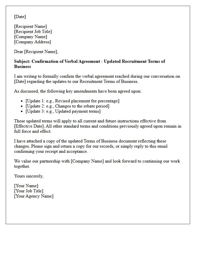 Letter Confirming Verbal Agreement to Updated Recruitment Terms of Business