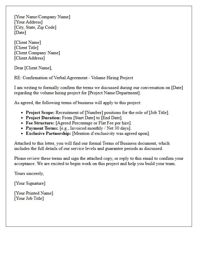 Letter Confirming Verbal Agreement to Volume Hiring Project Terms of Business