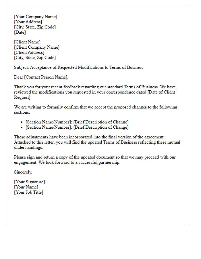 Letter Accepting Client-Requested Modifications to Terms of Business