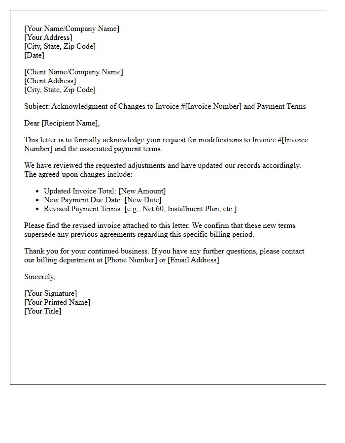 Letter Acknowledging Requested Changes to Invoice and Payment Terms