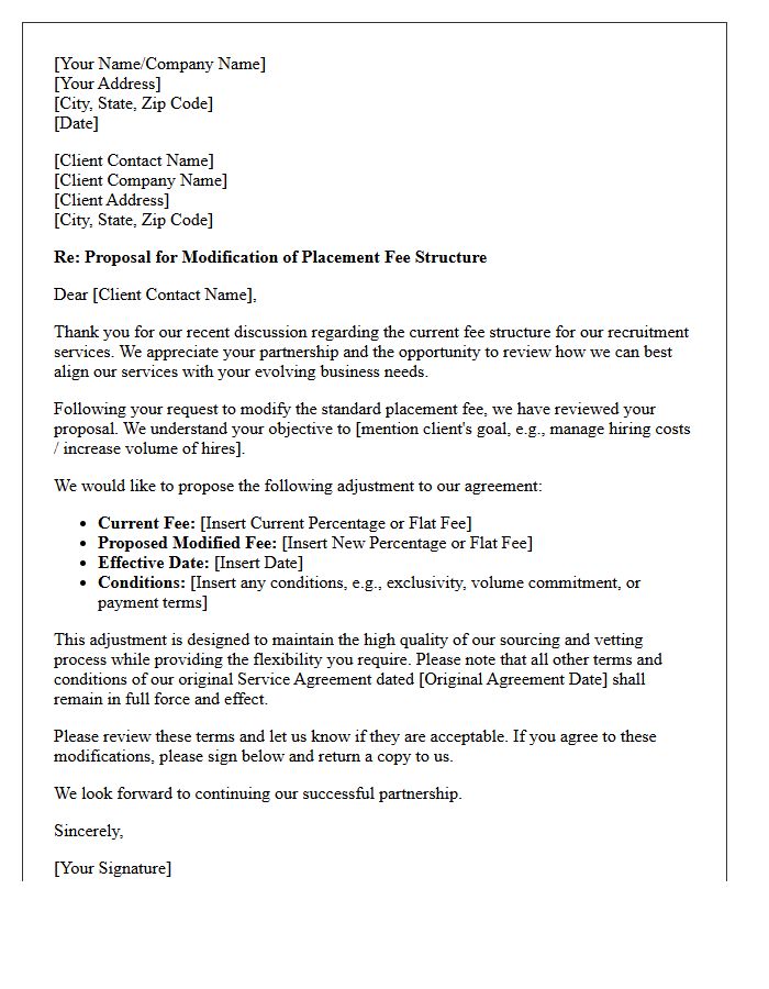 Letter Addressing Client-Requested Modifications to Placement Fee Structures