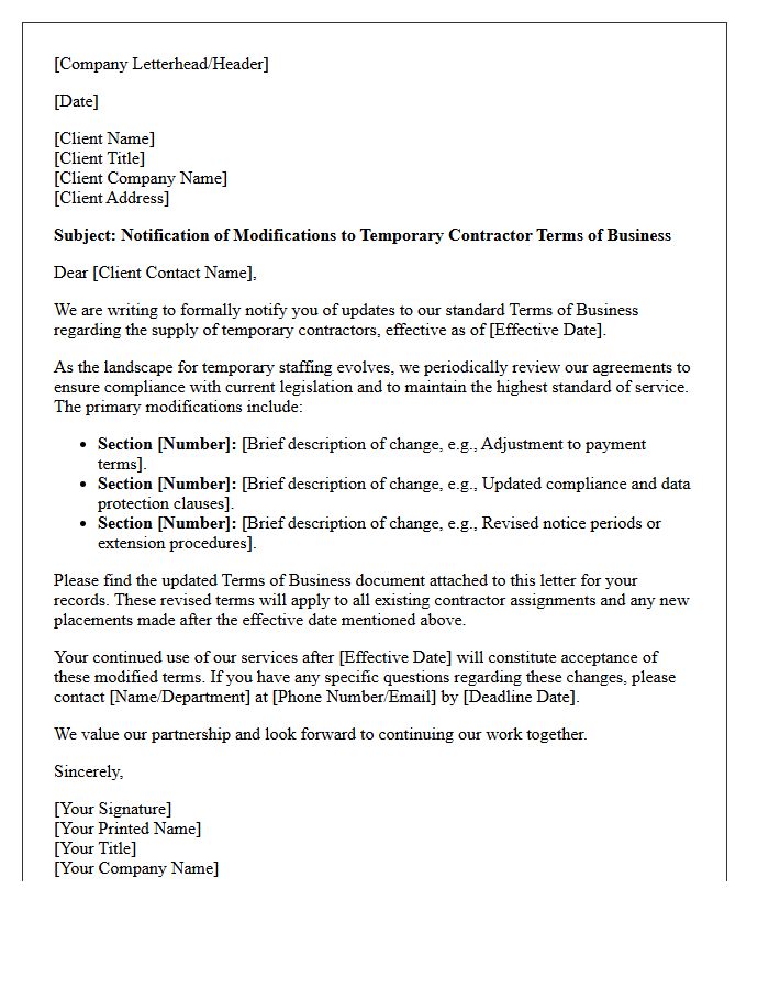 Letter Addressing Modifications to Temporary Contractor Terms of Business