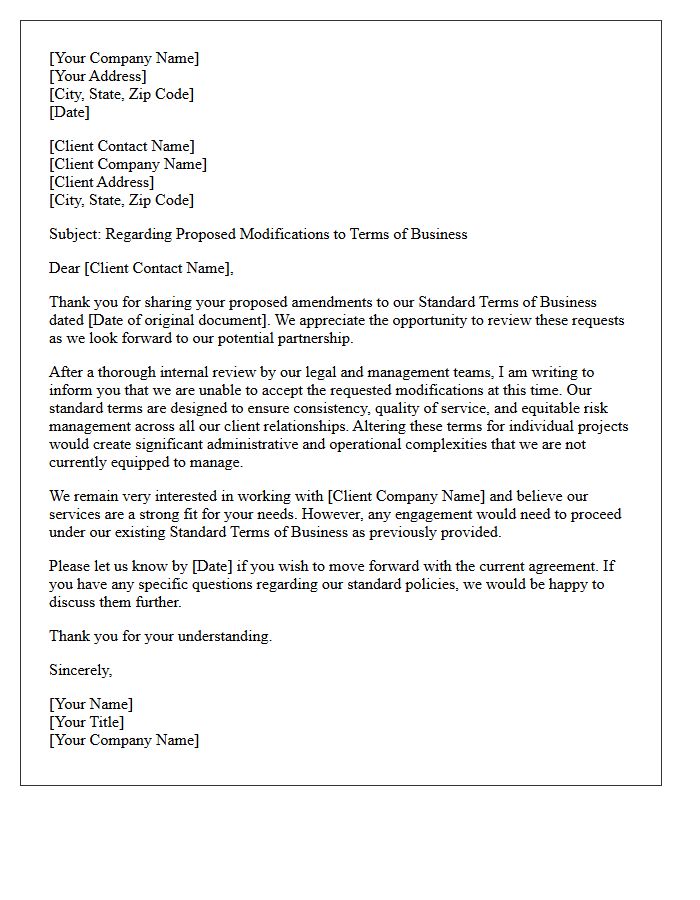 Letter Declining Client-Requested Modifications to Terms of Business