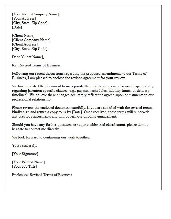 Letter Enclosing Revised Terms of Business Following Client Modifications