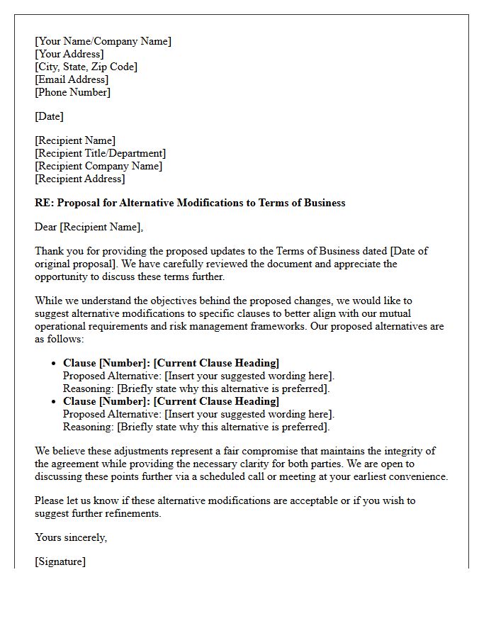 Letter Proposing Alternative Modifications to Terms of Business