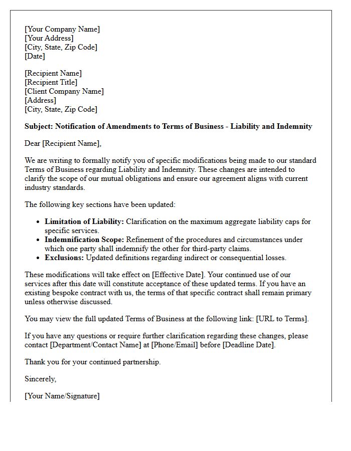 Letter Regarding Liability and Indemnity Modifications to Terms of Business