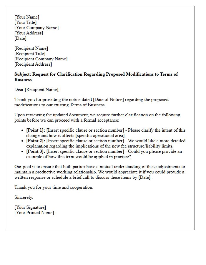 Letter Requesting Clarification on Proposed Terms of Business Modifications