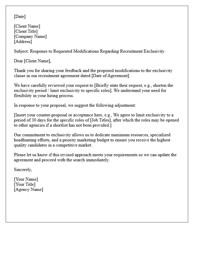 Letter Responding to Client Modifications Regarding Recruitment Agency Exclusivity