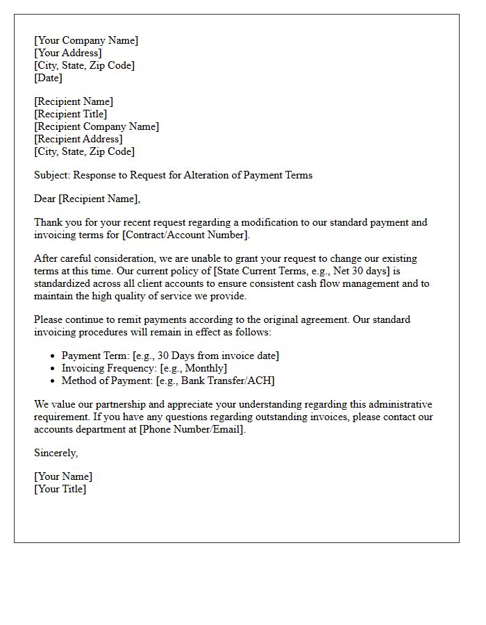 Letter Refusing Alterations to Standard Payment Terms and Invoicing