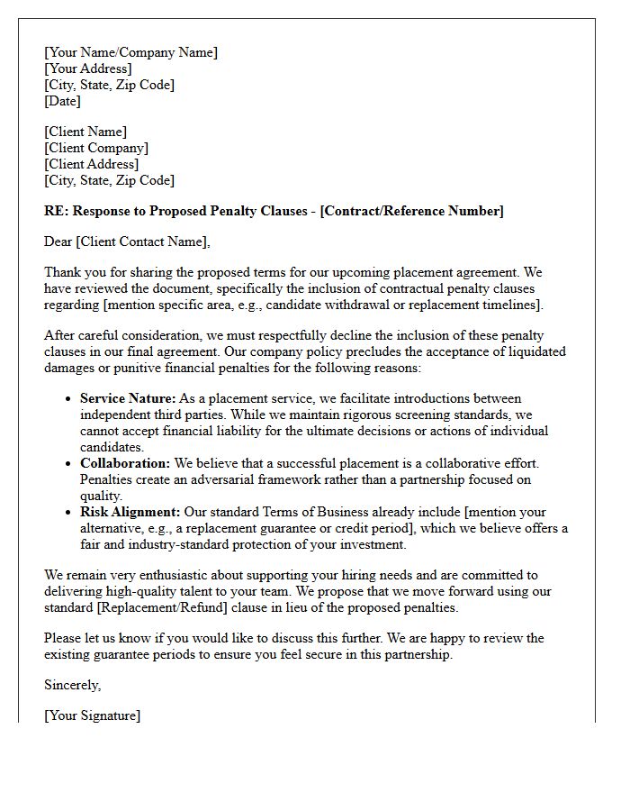 Letter Refusing Client-Proposed Contractual Penalty Clauses for Placements
