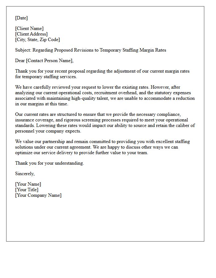 Letter Refusing Client Revisions to Temporary Staffing Margin Rates