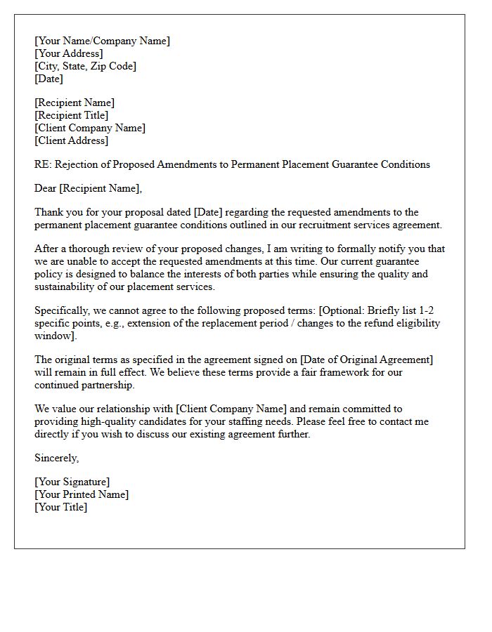 Letter Rejecting Amendments to Permanent Placement Guarantee Conditions