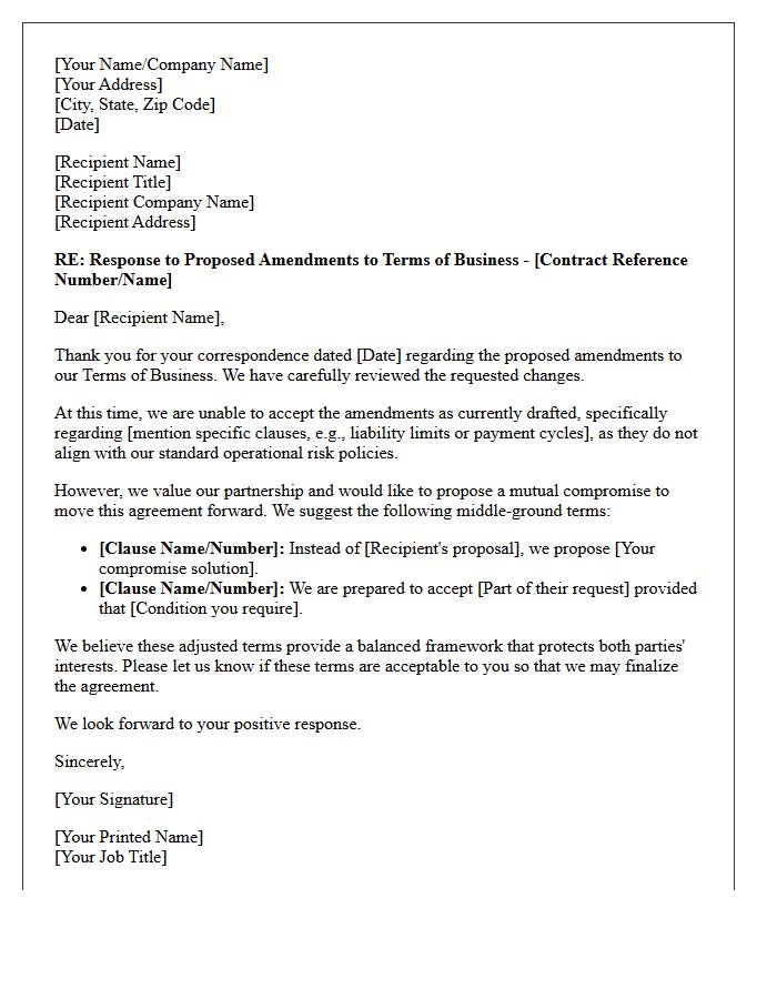 Letter Rejecting Amendments While Proposing Mutual Terms of Business Compromise