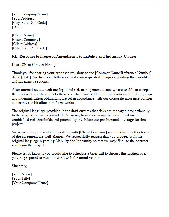 Letter Rejecting Client-Proposed Changes to Liability and Indemnity Clauses