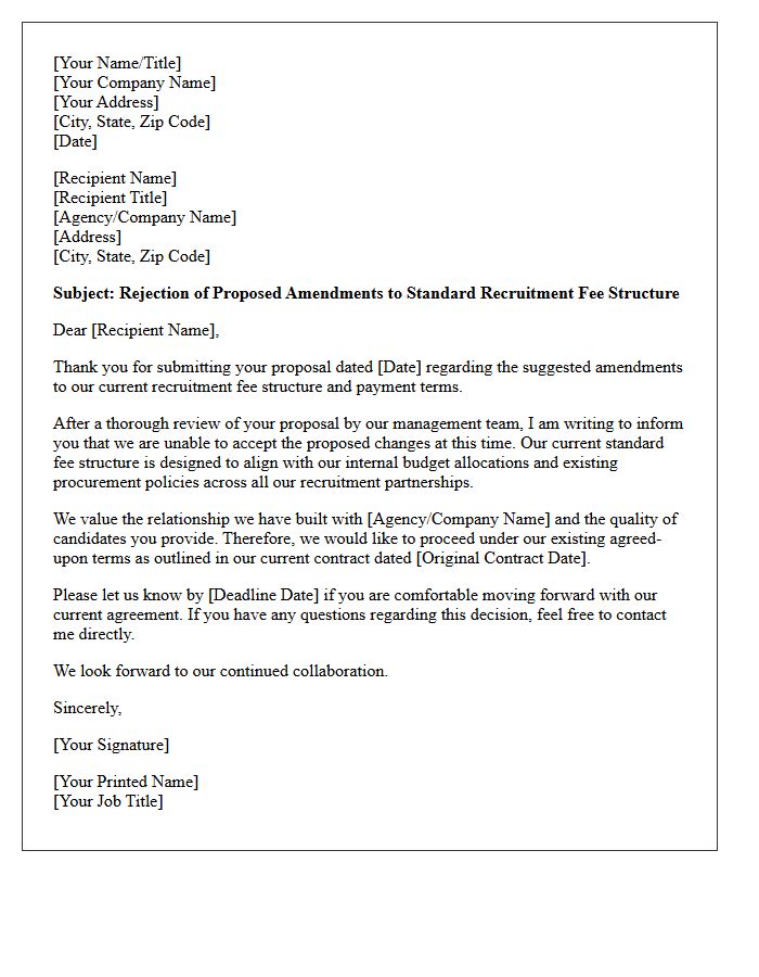 Letter Rejecting Proposed Amendments to Standard Recruitment Fee Structure