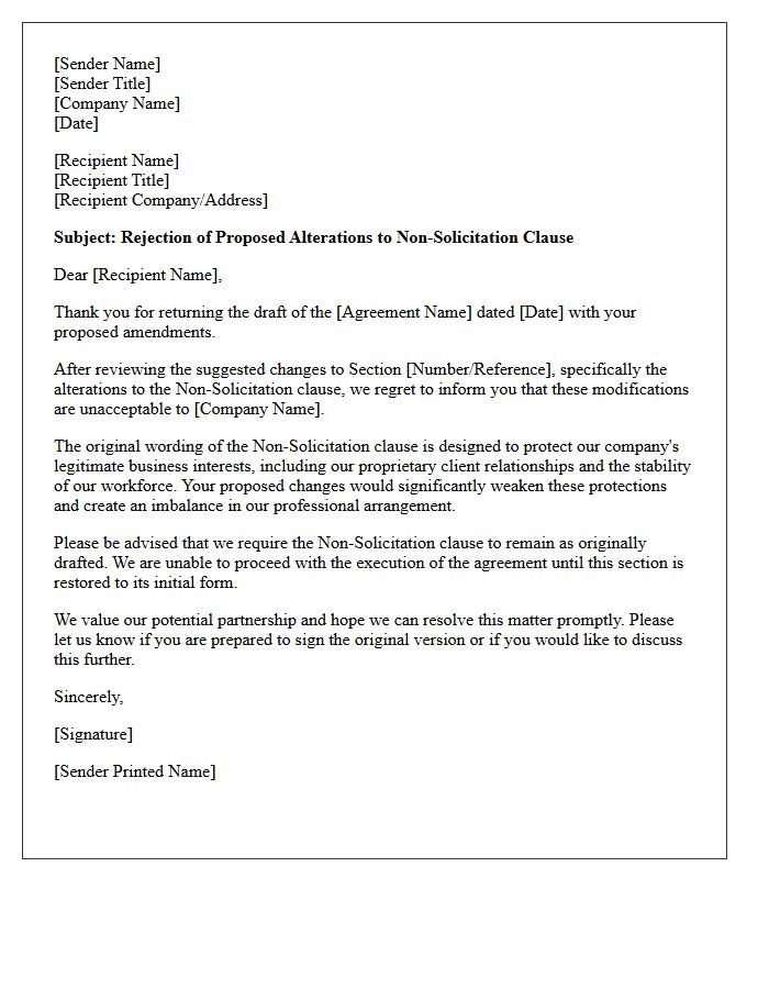 Letter Rejecting Unacceptable Alterations to Non-Solicitation Clauses
