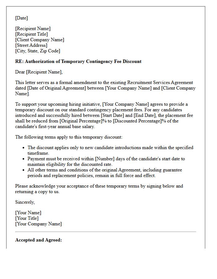 Letter Authorizing Temporary Contingency Hiring Discount Under Existing Agreement