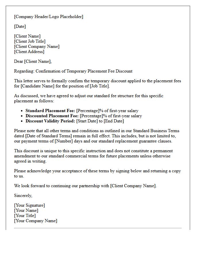 Letter Confirming Temporary Placement Fee Discount Within Standard Business Terms