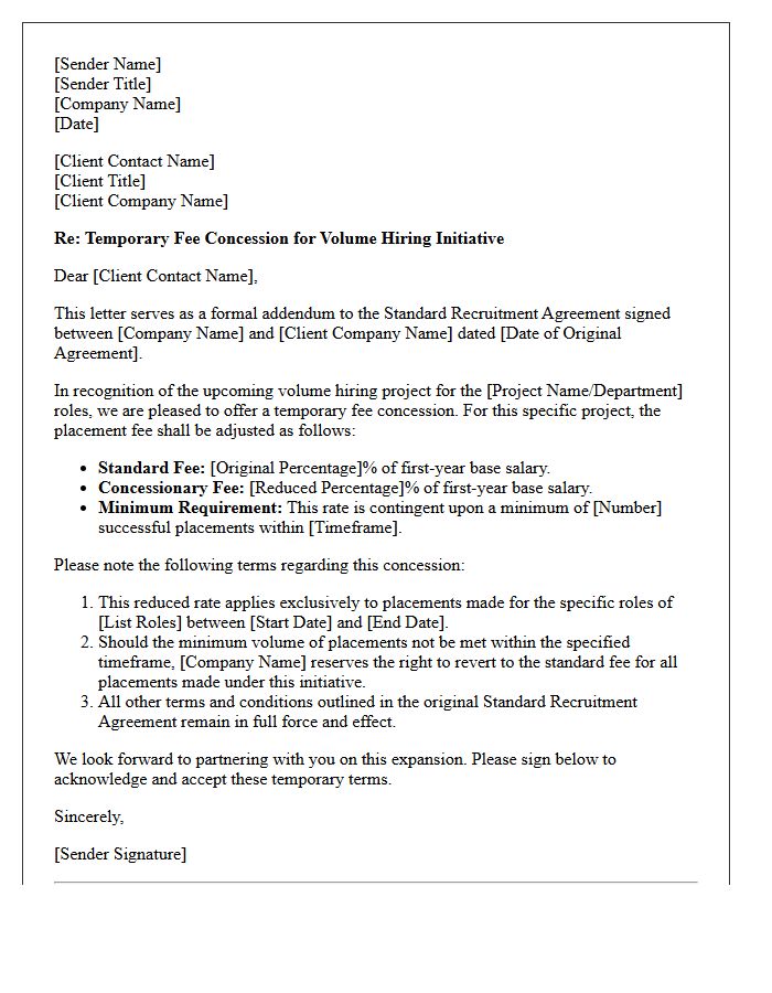 Letter Detailing Temporary Volume Hiring Fee Concession Under Standard Agreement