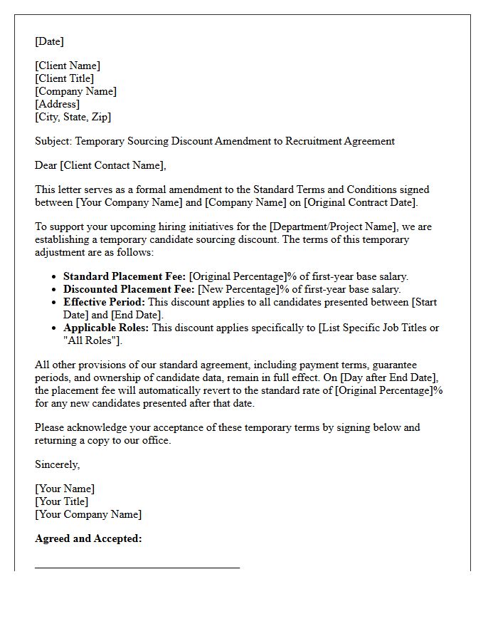 Letter Establishing Temporary Candidate Sourcing Discount Within Standard Terms
