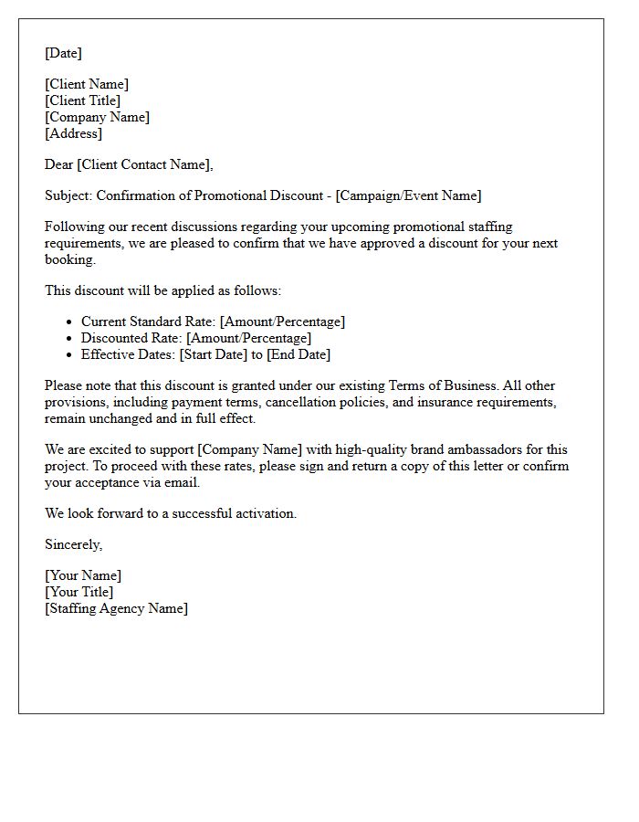 Letter Granting Promotional Staffing Agency Discount Under Current Terms of Business