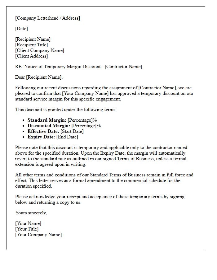 Letter Granting Temporary Contractor Margin Discount Under Standard Terms of Business