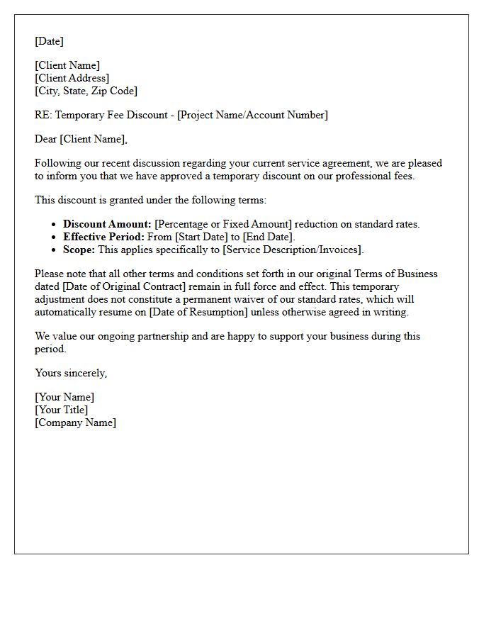 Letter Granting Temporary Fee Discount Under Existing Terms of Business